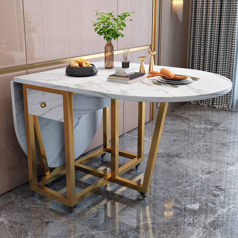 Modern Style Dining Table Sintered Stone Drop-Leaf Dining Table with Gold Frame Clearhalo ' dining_table' 'Dining Tables & Seating' 'Dining Tables' 'furn' 'furn_dining_table' 'Furniture' 'furniture_dining_table' 'Kitchen & Dining Furniture' 'kitchen&dining_furn' 'kitchen' 'kitchen_dining_table' 4110726
