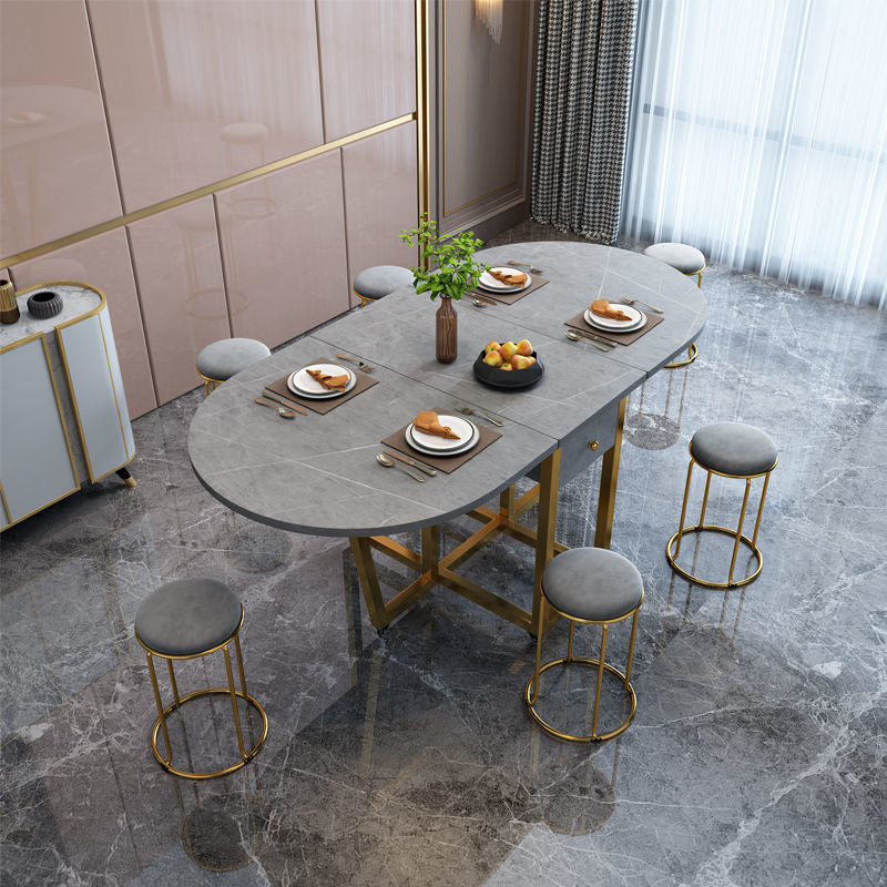 Modern Style Dining Table Sintered Stone Drop-Leaf Dining Table with Gold Frame Oval Gray Without Chairs Clearhalo ' dining_table' 'Dining Tables & Seating' 'Dining Tables' 'furn' 'furn_dining_table' 'Furniture' 'furniture_dining_table' 'Kitchen & Dining Furniture' 'kitchen&dining_furn' 'kitchen' 'kitchen_dining_table' 4110727
