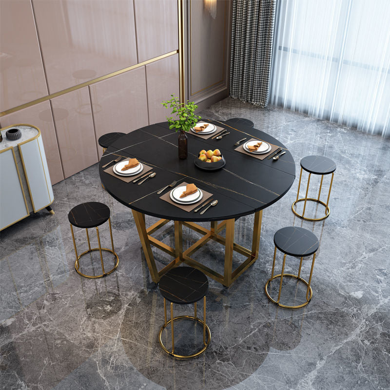 Modern Style Dining Table Sintered Stone Drop-Leaf Dining Table with Gold Frame Round Black Without Chairs Clearhalo ' dining_table' 'Dining Tables & Seating' 'Dining Tables' 'furn' 'furn_dining_table' 'Furniture' 'furniture_dining_table' 'Kitchen & Dining Furniture' 'kitchen&dining_furn' 'kitchen' 'kitchen_dining_table' 4110728
