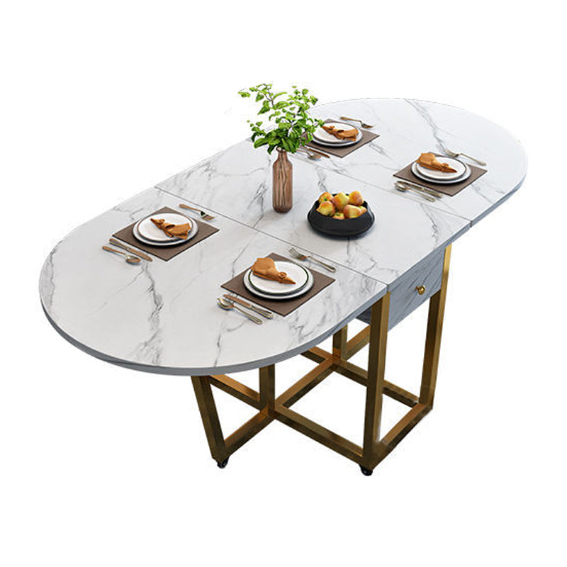 Modern Style Dining Table Sintered Stone Drop-Leaf Dining Table with Gold Frame Oval White Without Chairs Clearhalo ' dining_table' 'Dining Tables & Seating' 'Dining Tables' 'furn' 'furn_dining_table' 'Furniture' 'furniture_dining_table' 'Kitchen & Dining Furniture' 'kitchen&dining_furn' 'kitchen' 'kitchen_dining_table' 4110729