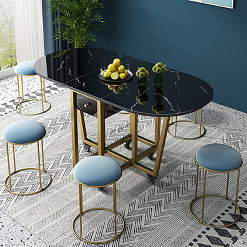 Modern Style Dining Table Sintered Stone Drop-Leaf Dining Table with Gold Frame Oval Black Without Chairs Clearhalo ' dining_table' 'Dining Tables & Seating' 'Dining Tables' 'furn' 'furn_dining_table' 'Furniture' 'furniture_dining_table' 'Kitchen & Dining Furniture' 'kitchen&dining_furn' 'kitchen' 'kitchen_dining_table' 4110738