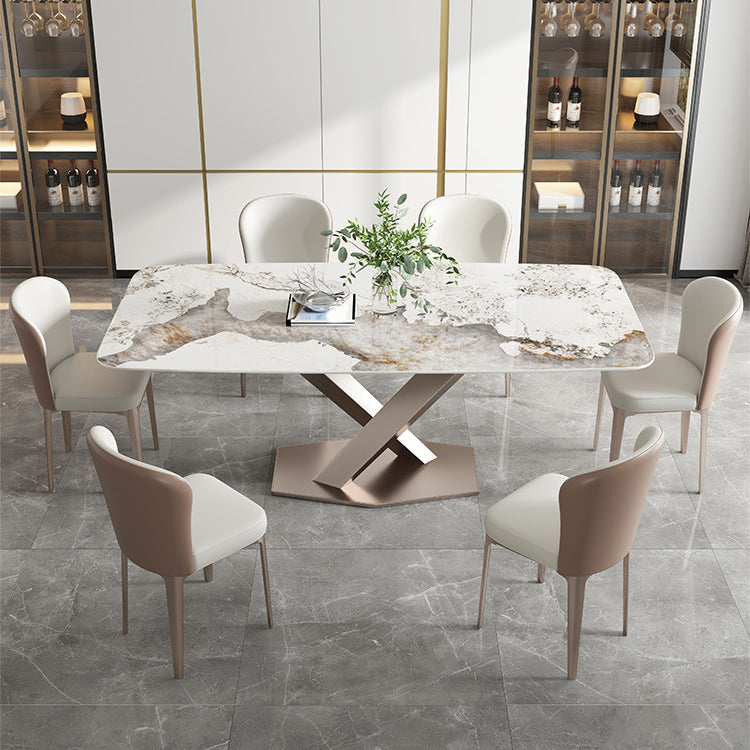 Sintered Stone Top Dining Table Rectangle Kitchen Table with Metal Pedestal Clearhalo ' dining_table' 'Dining Tables & Seating' 'Dining Tables' 'furn' 'furn_dining_table' 'Furniture' 'furniture_dining_table' 'Kitchen & Dining Furniture' 'kitchen&dining_furn' 'kitchen' 'kitchen_dining_table' 4110771