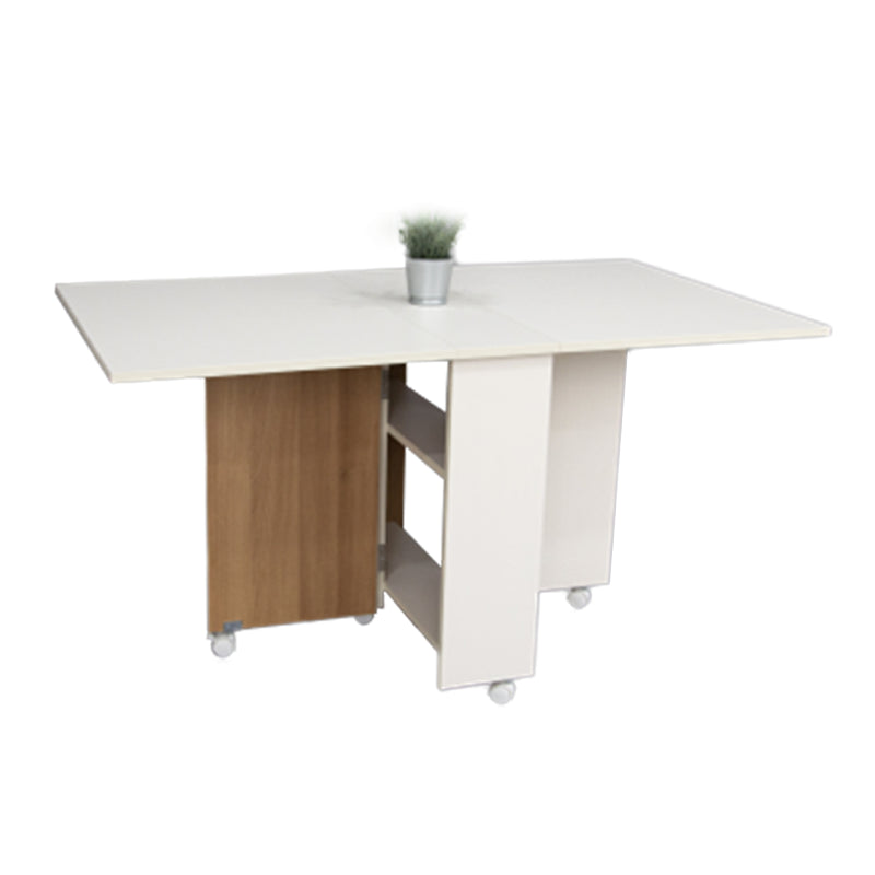 Artificial Foldable Wooden Top Table Extendable Rectangle Table with Storage Trestle Base White Clearhalo ' dining_table' 'Dining Tables & Seating' 'Dining Tables' 'Furniture' 'furniture_dining_table' 'Kitchen & Dining Furniture' 'kitchen&dining_furn' 'kitchen' 'kitchen_dining_table' 4111043