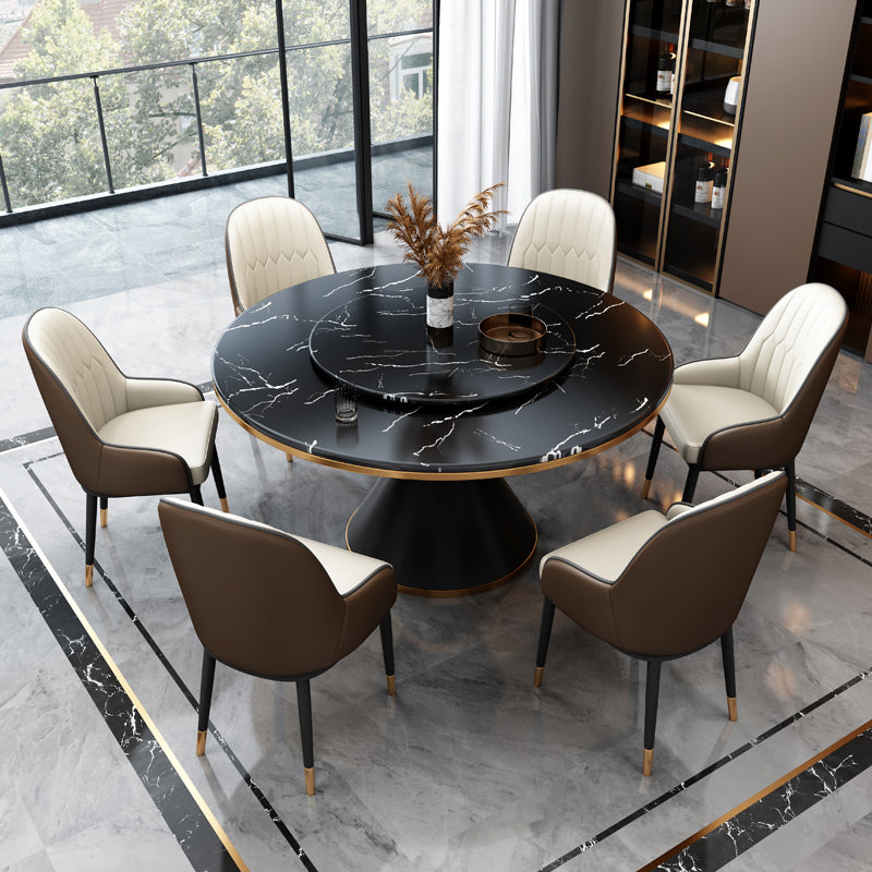 Glam Standard Marble Dining Table Round Shape Kitchen Dining Table with Pedestal Base Black Without Chairs Clearhalo ' dining_table' 'Dining Tables & Seating' 'Dining Tables' 'furn' 'furn_dining_table' 'Furniture' 'furniture_dining_table' 'Kitchen & Dining Furniture' 'kitchen&dining_furn' 'kitchen' 'kitchen_dining_table' 4111153