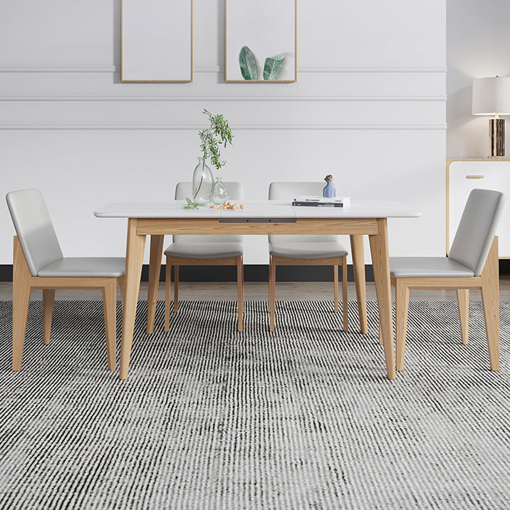 Sintered Stone Top Extendable Table in White Kitchen Table with Ash Wood Base and 4 Legs Clearhalo ' dining_table' 'Dining Tables & Seating' 'Dining Tables' 'furn' 'furn_dining_table' 'Furniture' 'furniture_dining_table' 'Kitchen & Dining Furniture' 'kitchen&dining_furn' 'kitchen' 'kitchen_dining_table' 4111621