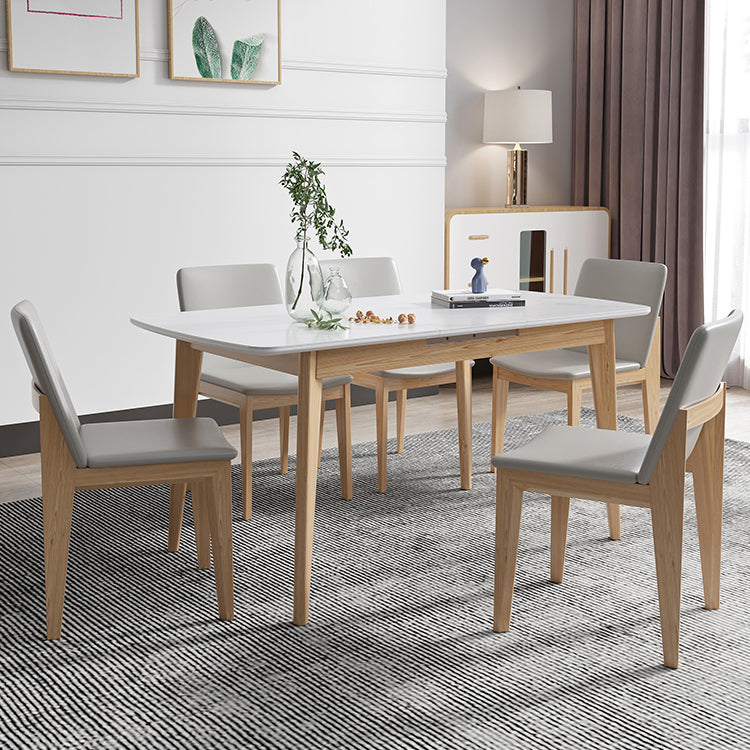 Sintered Stone Top Extendable Table in White Kitchen Table with Ash Wood Base and 4 Legs Clearhalo ' dining_table' 'Dining Tables & Seating' 'Dining Tables' 'furn' 'furn_dining_table' 'Furniture' 'furniture_dining_table' 'Kitchen & Dining Furniture' 'kitchen&dining_furn' 'kitchen' 'kitchen_dining_table' 4111630