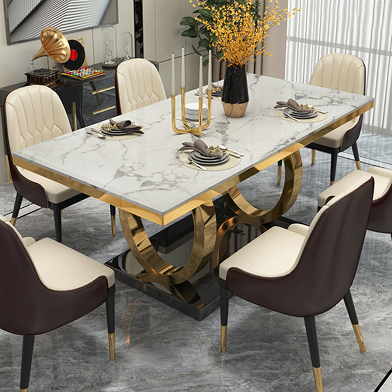 Rectangle Traditional Luxury Dining Table Sintered Stone Table with Gold Trestle Base White Without Chairs Clearhalo ' dining_table' 'Dining Tables & Seating' 'Dining Tables' 'furn' 'furn_dining_table' 'Furniture' 'furniture_dining_table' 'Kitchen & Dining Furniture' 'kitchen&dining_furn' 'kitchen' 'kitchen_dining_table' 4112028