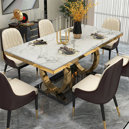 Rectangle Traditional Luxury Dining Table Sintered Stone Table with Gold Trestle Base White Without Chairs Clearhalo ' dining_table' 'Dining Tables & Seating' 'Dining Tables' 'furn' 'furn_dining_table' 'Furniture' 'furniture_dining_table' 'Kitchen & Dining Furniture' 'kitchen&dining_furn' 'kitchen' 'kitchen_dining_table' 4112028