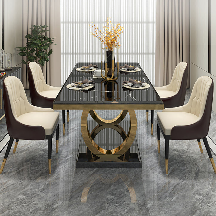Rectangle Traditional Luxury Dining Table Sintered Stone Table with Gold Trestle Base Clearhalo ' dining_table' 'Dining Tables & Seating' 'Dining Tables' 'furn' 'furn_dining_table' 'Furniture' 'furniture_dining_table' 'Kitchen & Dining Furniture' 'kitchen&dining_furn' 'kitchen' 'kitchen_dining_table' 4112029