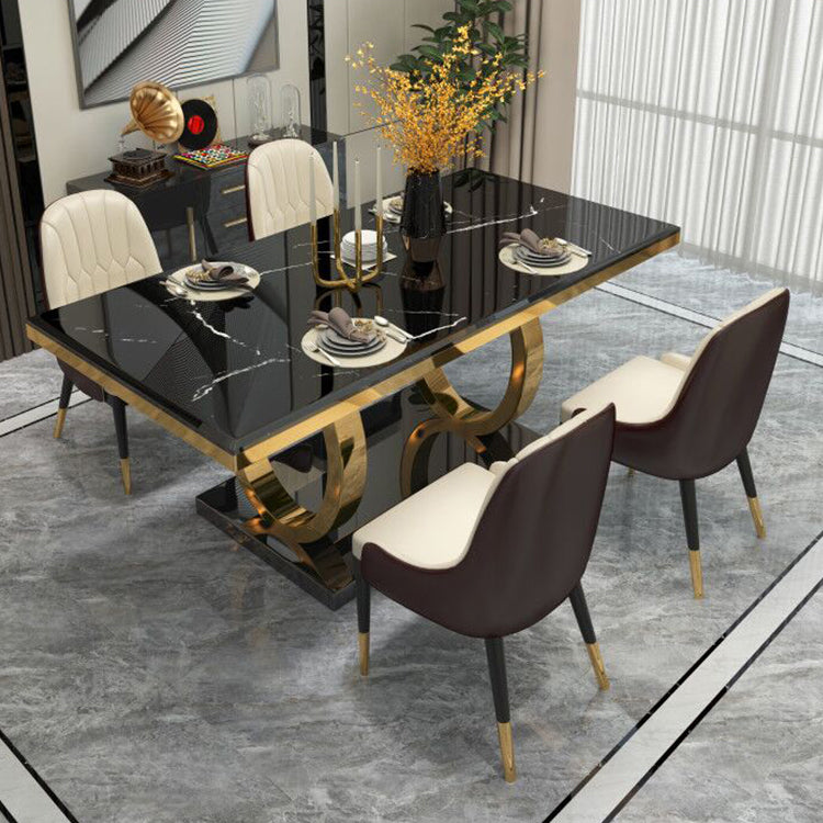 Rectangle Traditional Luxury Dining Table Sintered Stone Table with Gold Trestle Base Clearhalo ' dining_table' 'Dining Tables & Seating' 'Dining Tables' 'furn' 'furn_dining_table' 'Furniture' 'furniture_dining_table' 'Kitchen & Dining Furniture' 'kitchen&dining_furn' 'kitchen' 'kitchen_dining_table' 4112030
