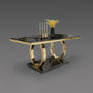 Rectangle Traditional Luxury Dining Table Sintered Stone Table with Gold Trestle Base Black Without Chairs Clearhalo ' dining_table' 'Dining Tables & Seating' 'Dining Tables' 'furn' 'furn_dining_table' 'Furniture' 'furniture_dining_table' 'Kitchen & Dining Furniture' 'kitchen&dining_furn' 'kitchen' 'kitchen_dining_table' 4112032