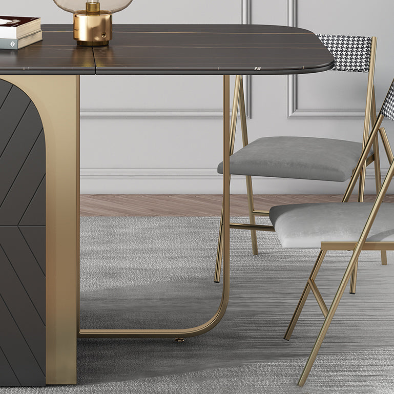 Modern Style Rectangle Dining Table 62.6" Sintered Stone Drop-Leaf Table with Metal Base Clearhalo ' dining_table' 'Dining Tables & Seating' 'Dining Tables' 'furn' 'furn_dining_table' 'Furniture' 'furniture_dining_table' 'Kitchen & Dining Furniture' 'kitchen&dining_furn' 'kitchen' 'kitchen_dining_table' 4112061