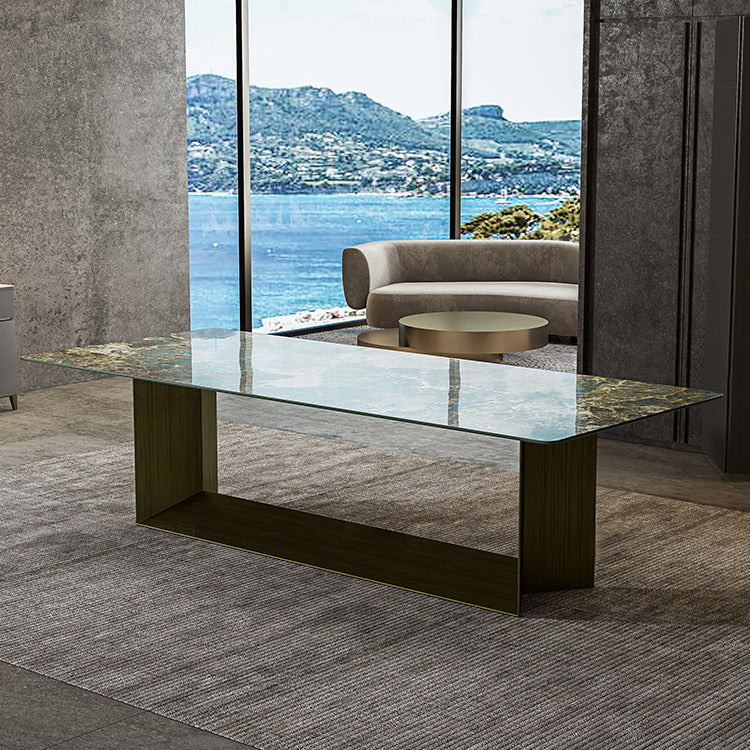 Rectangle Traditional Luxury Dining Table Green Sintered Stone Table with Trestle Base Without Chairs Clearhalo ' dining_table' 'Dining Tables & Seating' 'Dining Tables' 'furn' 'furn_dining_table' 'Furniture' 'furniture_dining_table' 'Kitchen & Dining Furniture' 'kitchen&dining_furn' 'kitchen' 'kitchen_dining_table' 4112161