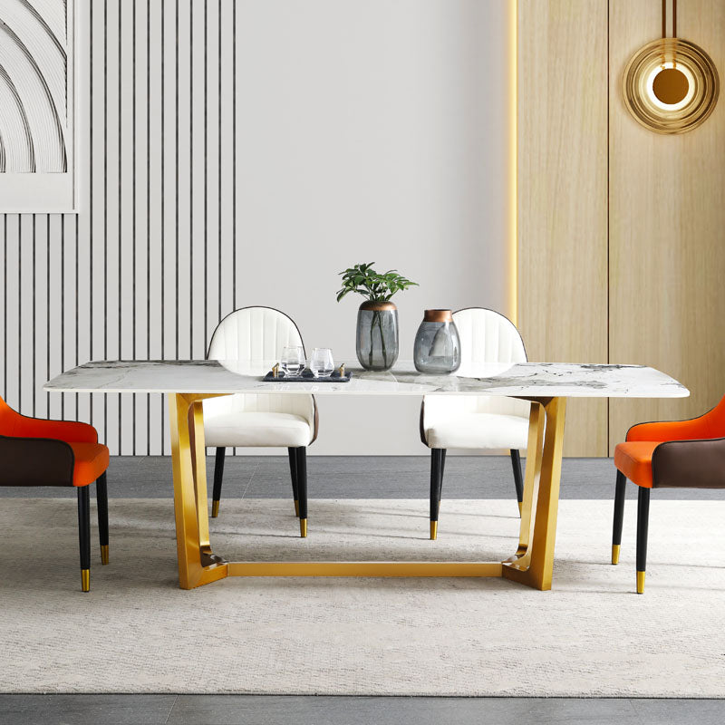 Rectangle Traditional Luxury Dining Table White Sintered Stone Table with Gold Trestle Base Clearhalo ' dining_table' 'Dining Tables & Seating' 'Dining Tables' 'furn' 'furn_dining_table' 'Furniture' 'furniture_dining_table' 'Kitchen & Dining Furniture' 'kitchen&dining_furn' 'kitchen' 'kitchen_dining_table' 4112169