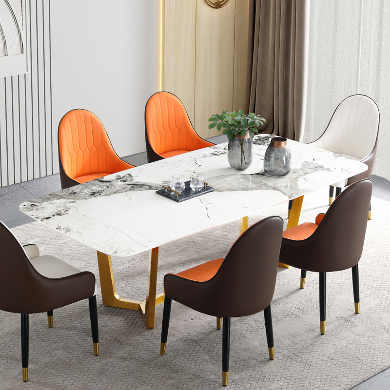 Rectangle Traditional Luxury Dining Table White Sintered Stone Table with Gold Trestle Base Clearhalo ' dining_table' 'Dining Tables & Seating' 'Dining Tables' 'furn' 'furn_dining_table' 'Furniture' 'furniture_dining_table' 'Kitchen & Dining Furniture' 'kitchen&dining_furn' 'kitchen' 'kitchen_dining_table' 4112170