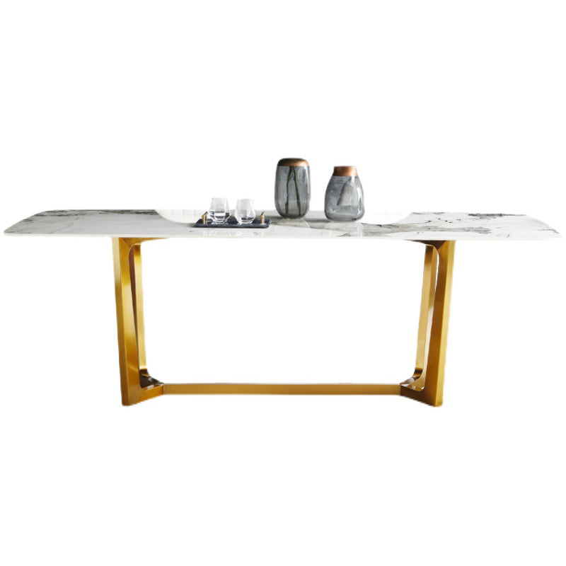 Rectangle Traditional Luxury Dining Table White Sintered Stone Table with Gold Trestle Base Without Chairs Clearhalo ' dining_table' 'Dining Tables & Seating' 'Dining Tables' 'furn' 'furn_dining_table' 'Furniture' 'furniture_dining_table' 'Kitchen & Dining Furniture' 'kitchen&dining_furn' 'kitchen' 'kitchen_dining_table' 4112173