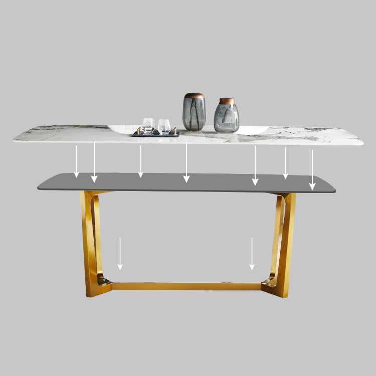 Rectangle Traditional Luxury Dining Table White Sintered Stone Table with Gold Trestle Base Clearhalo ' dining_table' 'Dining Tables & Seating' 'Dining Tables' 'furn' 'furn_dining_table' 'Furniture' 'furniture_dining_table' 'Kitchen & Dining Furniture' 'kitchen&dining_furn' 'kitchen' 'kitchen_dining_table' 4112176