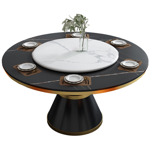 Glam Sintered Stone Top Table Round Kitchen Dining Table with Pedestal Base Black White Without Chairs Clearhalo ' dining_table' 'Dining Tables & Seating' 'Dining Tables' 'furn' 'furn_dining_table' 'Furniture' 'furniture_dining_table' 'Kitchen & Dining Furniture' 'kitchen&dining_furn' 'kitchen' 'kitchen_dining_table' 4133820