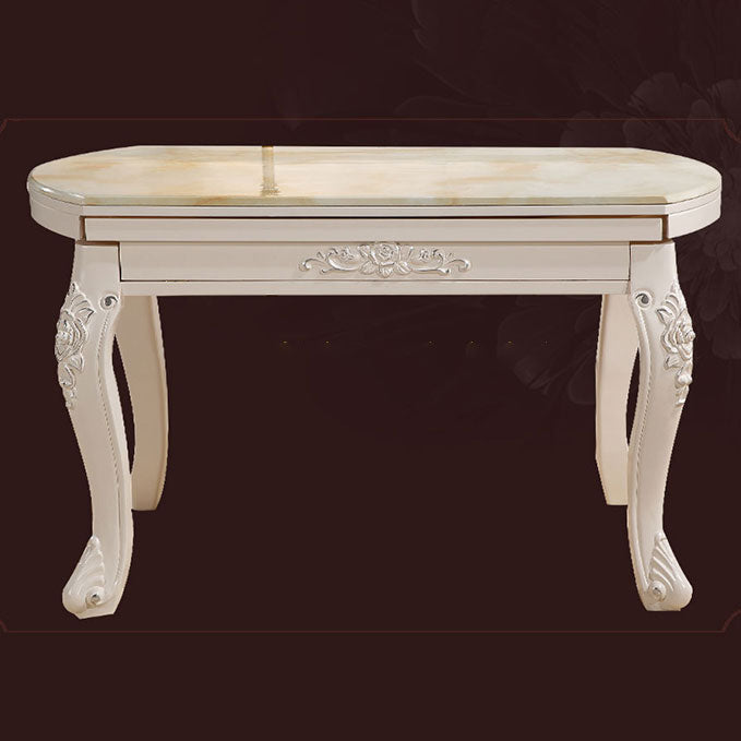 53.15''L Round 4 Legs Table Victorian White Extendable Table with Marble Clearhalo ' dining_table' 'Dining Tables & Seating' 'Dining Tables' 'furn' 'furn_dining_table' 'Furniture' 'furniture_dining_table' 'Kitchen & Dining Furniture' 'kitchen&dining_furn' 'kitchen' 'kitchen_dining_table' 4154827