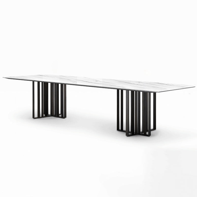 Industrial Sintered Stone Dining Table Rectangle Table with Metal Double Pedestal White Without Chairs Clearhalo ' dining_table' 'Dining Tables & Seating' 'Dining Tables' 'furn' 'furn_dining_table' 'Furniture' 'furniture_dining_table' 'Kitchen & Dining Furniture' 'kitchen&dining_furn' 'kitchen' 'kitchen_dining_table' 4156172