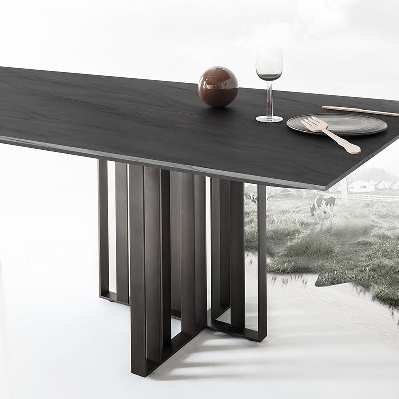 Industrial Sintered Stone Dining Table Rectangle Table with Metal Double Pedestal Clearhalo ' dining_table' 'Dining Tables & Seating' 'Dining Tables' 'furn' 'furn_dining_table' 'Furniture' 'furniture_dining_table' 'Kitchen & Dining Furniture' 'kitchen&dining_furn' 'kitchen' 'kitchen_dining_table' 4156175