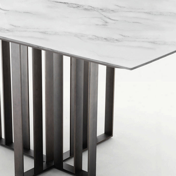 Industrial Sintered Stone Dining Table Rectangle Table with Metal Double Pedestal Clearhalo ' dining_table' 'Dining Tables & Seating' 'Dining Tables' 'furn' 'furn_dining_table' 'Furniture' 'furniture_dining_table' 'Kitchen & Dining Furniture' 'kitchen&dining_furn' 'kitchen' 'kitchen_dining_table' 4156177