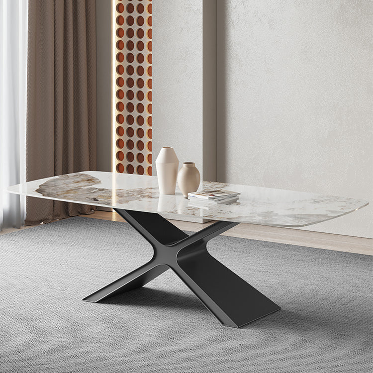 Metal Traditional Luxury Rectangle Table Sintered Stone Top Indoor Table with Pedestal Clearhalo ' dining_table' 'Dining Tables & Seating' 'Dining Tables' 'furn' 'furn_dining_table' 'Furniture' 'furniture_dining_table' 'Kitchen & Dining Furniture' 'kitchen&dining_furn' 'kitchen' 'kitchen_dining_table' 4156318