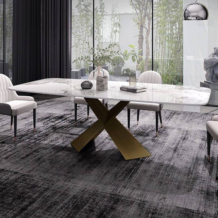 Sintered Stone Top Dining Table for Restaurant Luxury Rectangle Table with Metal Pedestal Clearhalo ' dining_table' 'Dining Tables & Seating' 'Dining Tables' 'furn' 'furn_dining_table' 'Furniture' 'furniture_dining_table' 'Kitchen & Dining Furniture' 'kitchen&dining_furn' 'kitchen' 'kitchen_dining_table' 4156340