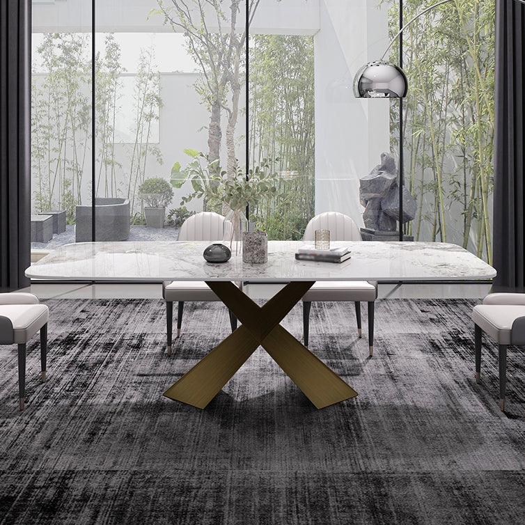 Sintered Stone Top Dining Table for Restaurant Luxury Rectangle Table with Metal Pedestal Clearhalo ' dining_table' 'Dining Tables & Seating' 'Dining Tables' 'furn' 'furn_dining_table' 'Furniture' 'furniture_dining_table' 'Kitchen & Dining Furniture' 'kitchen&dining_furn' 'kitchen' 'kitchen_dining_table' 4156341