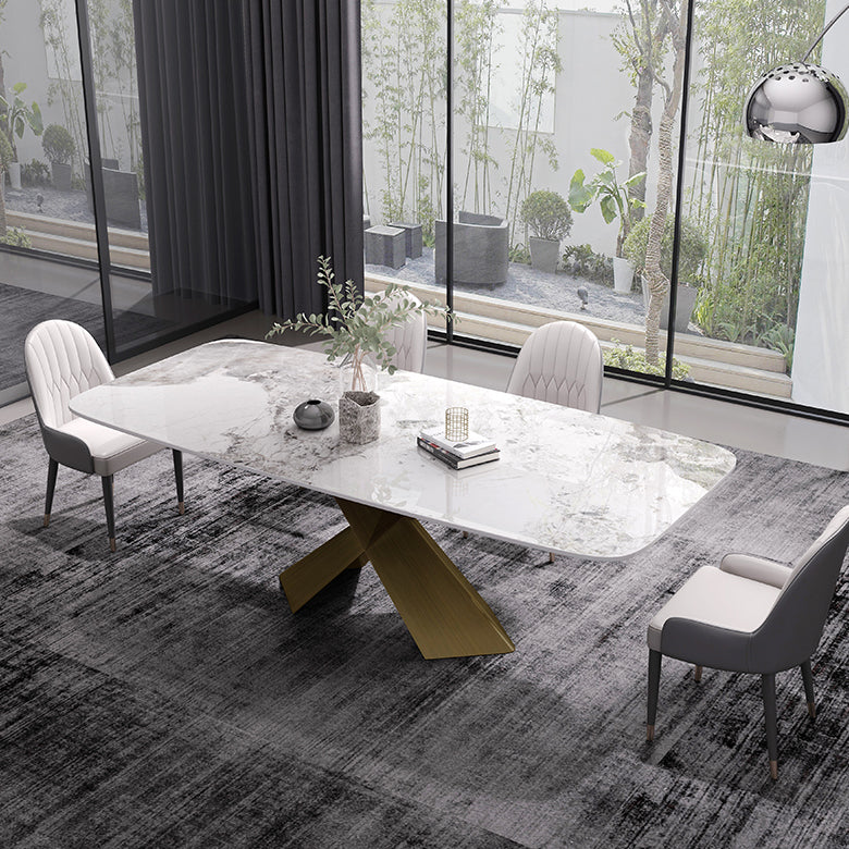 Sintered Stone Top Dining Table for Restaurant Luxury Rectangle Table with Metal Pedestal Clearhalo ' dining_table' 'Dining Tables & Seating' 'Dining Tables' 'furn' 'furn_dining_table' 'Furniture' 'furniture_dining_table' 'Kitchen & Dining Furniture' 'kitchen&dining_furn' 'kitchen' 'kitchen_dining_table' 4156349