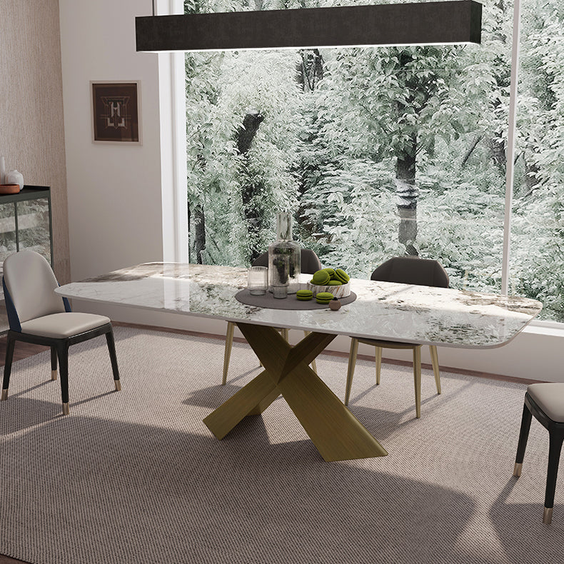 Sintered Stone Top Dining Table for Restaurant Luxury Rectangle Table with Metal Pedestal Clearhalo ' dining_table' 'Dining Tables & Seating' 'Dining Tables' 'furn' 'furn_dining_table' 'Furniture' 'furniture_dining_table' 'Kitchen & Dining Furniture' 'kitchen&dining_furn' 'kitchen' 'kitchen_dining_table' 4156350