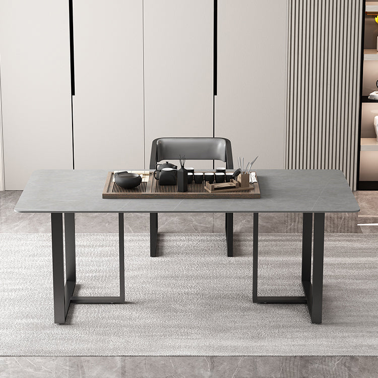 Rectangle Double Pedestal Industrial Table Fixed Table with Sintered Stone Gray Without Chairs Clearhalo ' dining_table' 'Dining Tables & Seating' 'Dining Tables' 'furn' 'furn_dining_table' 'Furniture' 'furniture_dining_table' 'Kitchen & Dining Furniture' 'kitchen&dining_furn' 'kitchen' 'kitchen_dining_table' 4156428