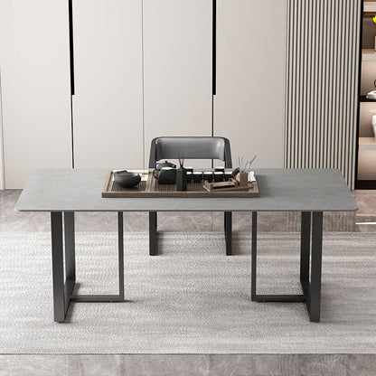 Rectangle Double Pedestal Industrial Table Fixed Table with Sintered Stone Gray Without Chairs Clearhalo ' dining_table' 'Dining Tables & Seating' 'Dining Tables' 'furn' 'furn_dining_table' 'Furniture' 'furniture_dining_table' 'Kitchen & Dining Furniture' 'kitchen&dining_furn' 'kitchen' 'kitchen_dining_table' 4156428