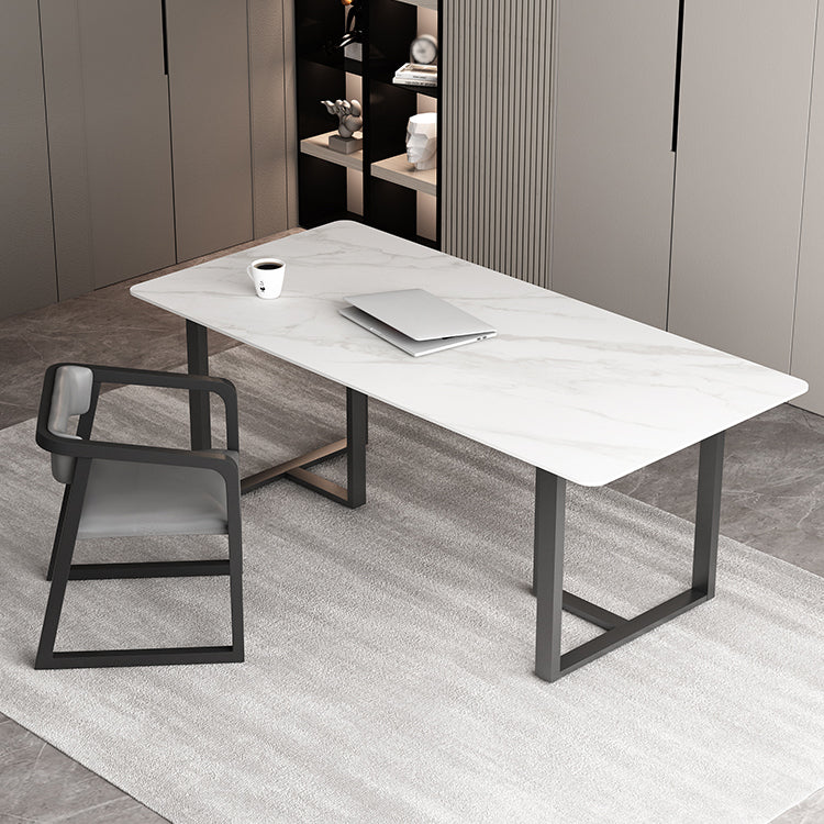 Rectangle Double Pedestal Industrial Table Fixed Table with Sintered Stone Clearhalo ' dining_table' 'Dining Tables & Seating' 'Dining Tables' 'furn' 'furn_dining_table' 'Furniture' 'furniture_dining_table' 'Kitchen & Dining Furniture' 'kitchen&dining_furn' 'kitchen' 'kitchen_dining_table' 4156429