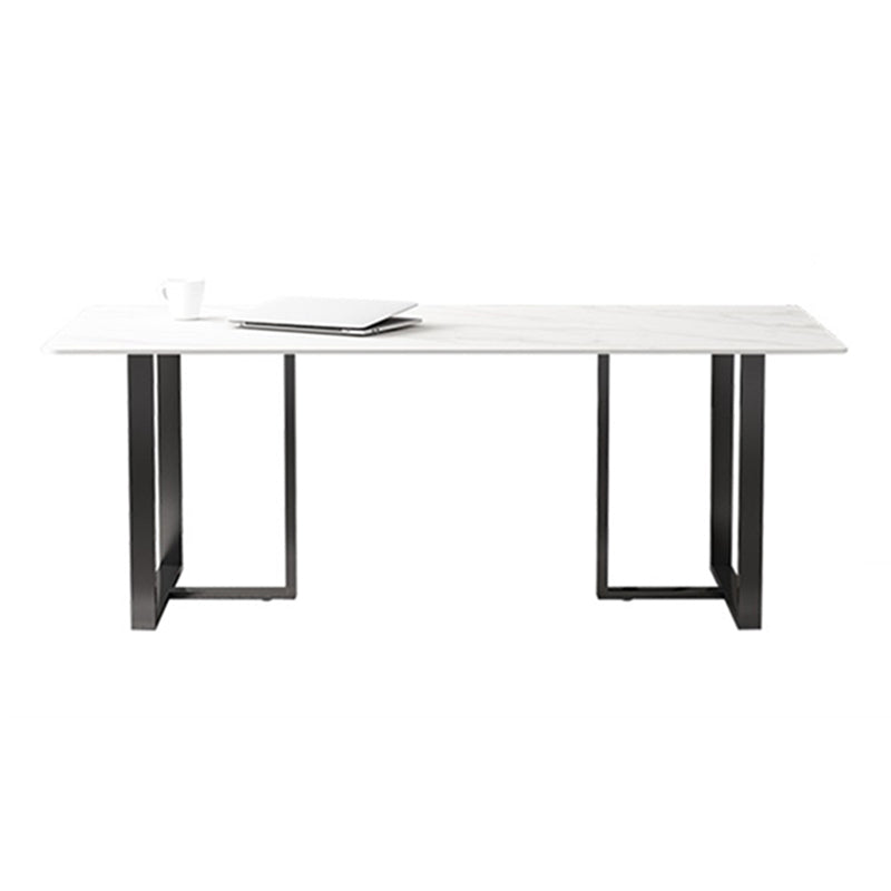 Rectangle Double Pedestal Industrial Table Fixed Table with Sintered Stone White Without Chairs Clearhalo ' dining_table' 'Dining Tables & Seating' 'Dining Tables' 'furn' 'furn_dining_table' 'Furniture' 'furniture_dining_table' 'Kitchen & Dining Furniture' 'kitchen&dining_furn' 'kitchen' 'kitchen_dining_table' 4156431