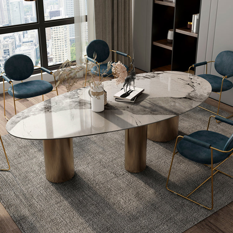 Oval Traditional Luxury Dining Table White Sintered Stone Table with 3 Metal Legs Clearhalo ' dining_table' 'Dining Tables & Seating' 'Dining Tables' 'furn' 'furn_dining_table' 'Furniture' 'furniture_dining_table' 'Kitchen & Dining Furniture' 'kitchen&dining_furn' 'kitchen' 'kitchen_dining_table' 4156473