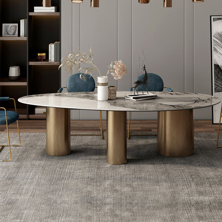 Oval Traditional Luxury Dining Table White Sintered Stone Table with 3 Metal Legs Clearhalo ' dining_table' 'Dining Tables & Seating' 'Dining Tables' 'furn' 'furn_dining_table' 'Furniture' 'furniture_dining_table' 'Kitchen & Dining Furniture' 'kitchen&dining_furn' 'kitchen' 'kitchen_dining_table' 4156474