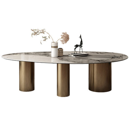 Oval Traditional Luxury Dining Table White Sintered Stone Table with 3 Metal Legs Without Chairs Clearhalo ' dining_table' 'Dining Tables & Seating' 'Dining Tables' 'furn' 'furn_dining_table' 'Furniture' 'furniture_dining_table' 'Kitchen & Dining Furniture' 'kitchen&dining_furn' 'kitchen' 'kitchen_dining_table' 4156477