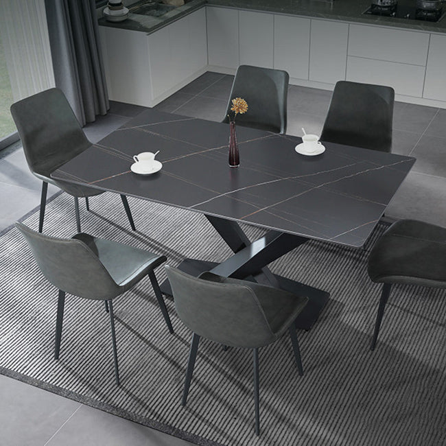 Modern Style Dining Table Rectangle Sintered Stone Pedestal Table with Black Frame Clearhalo ' dining_table' 'Dining Tables & Seating' 'Dining Tables' 'furn' 'furn_dining_table' 'Furniture' 'furniture_dining_table' 'Kitchen & Dining Furniture' 'kitchen&dining_furn' 'kitchen' 'kitchen_dining_table' 4156627