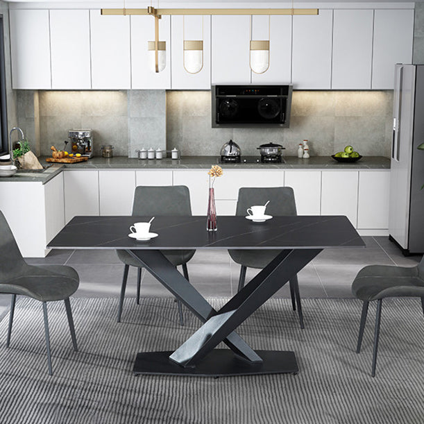 Modern Style Dining Table Rectangle Sintered Stone Pedestal Table with Black Frame Clearhalo ' dining_table' 'Dining Tables & Seating' 'Dining Tables' 'furn' 'furn_dining_table' 'Furniture' 'furniture_dining_table' 'Kitchen & Dining Furniture' 'kitchen&dining_furn' 'kitchen' 'kitchen_dining_table' 4156628