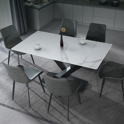 Modern Style Dining Table Rectangle Sintered Stone Pedestal Table with Black Frame White Without Chairs Clearhalo ' dining_table' 'Dining Tables & Seating' 'Dining Tables' 'furn' 'furn_dining_table' 'Furniture' 'furniture_dining_table' 'Kitchen & Dining Furniture' 'kitchen&dining_furn' 'kitchen' 'kitchen_dining_table' 4156629