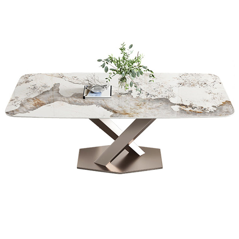 Traditional Luxury Dining Table Rectangle Sintered Stone Dining Table with Pedestal Base Without Chairs Clearhalo ' dining_table' 'Dining Tables & Seating' 'Dining Tables' 'furn' 'furn_dining_table' 'Furniture' 'furniture_dining_table' 'Kitchen & Dining Furniture' 'kitchen&dining_furn' 'kitchen' 'kitchen_dining_table' 4156687