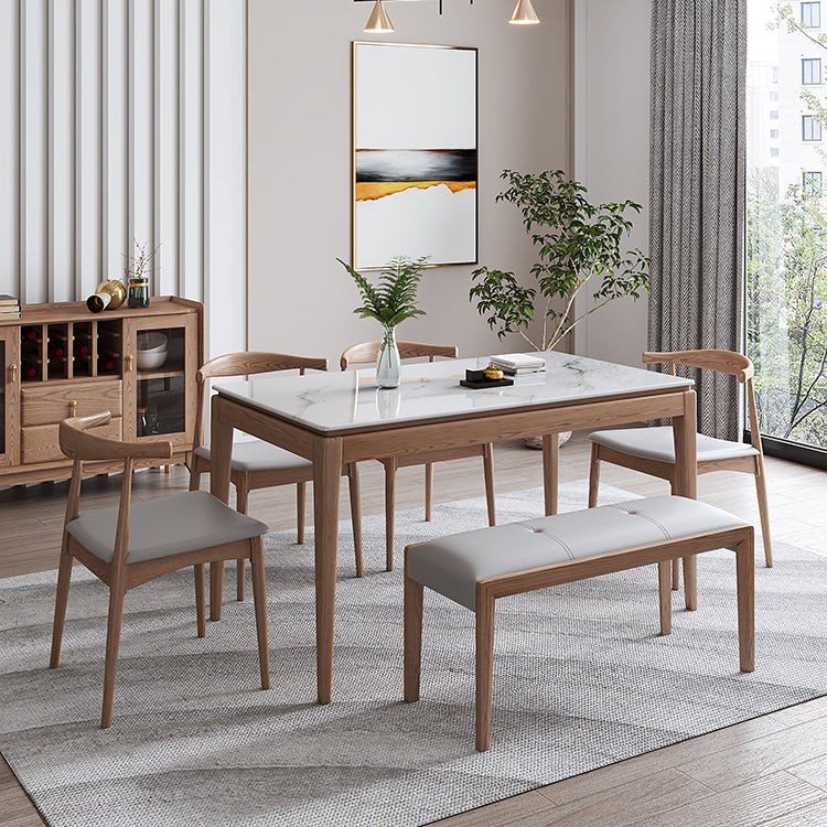 Rectangle Mid-Century Modern Dining Table White Sintered Stone Table with 4 Ash Solid Wood Legs Clearhalo ' dining_table' 'Dining Tables & Seating' 'Dining Tables' 'furn' 'furn_dining_table' 'Furniture' 'furniture_dining_table' 'Kitchen & Dining Furniture' 'kitchen&dining_furn' 'kitchen' 'kitchen_dining_table' 4159109