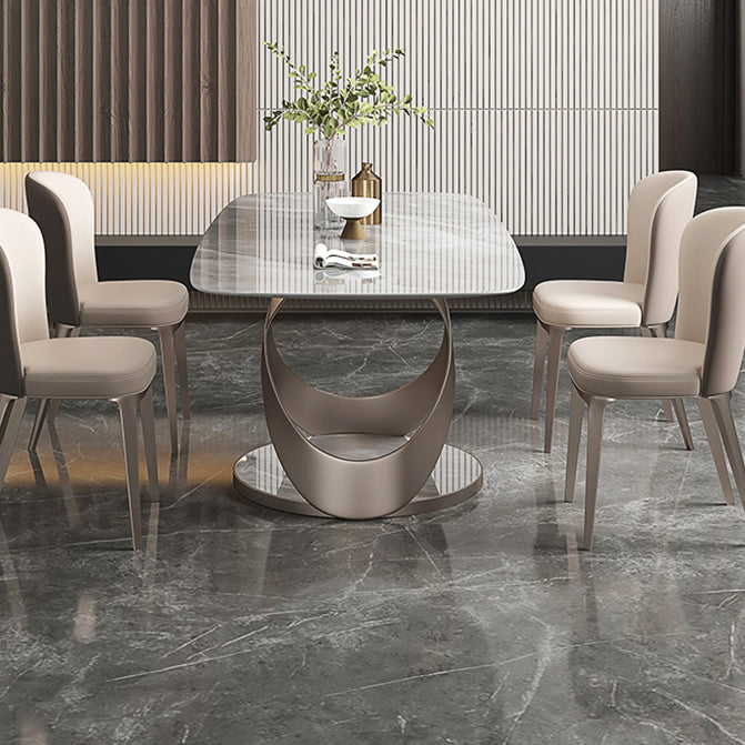 Traditional Luxury Dining Table Gray Rectangle Sintered Stone Dining Table with Pedestal Base Clearhalo ' dining_table' 'Dining Tables & Seating' 'Dining Tables' 'furn' 'furn_dining_table' 'Furniture' 'furniture_dining_table' 'Kitchen & Dining Furniture' 'kitchen&dining_furn' 'kitchen' 'kitchen_dining_table' 4159242