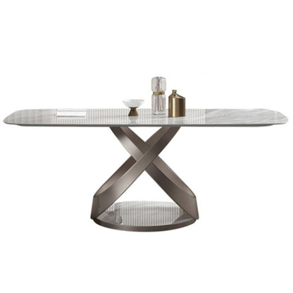 Traditional Luxury Dining Table Gray Rectangle Sintered Stone Dining Table with Pedestal Base Without Chairs Clearhalo ' dining_table' 'Dining Tables & Seating' 'Dining Tables' 'furn' 'furn_dining_table' 'Furniture' 'furniture_dining_table' 'Kitchen & Dining Furniture' 'kitchen&dining_furn' 'kitchen' 'kitchen_dining_table' 4159243