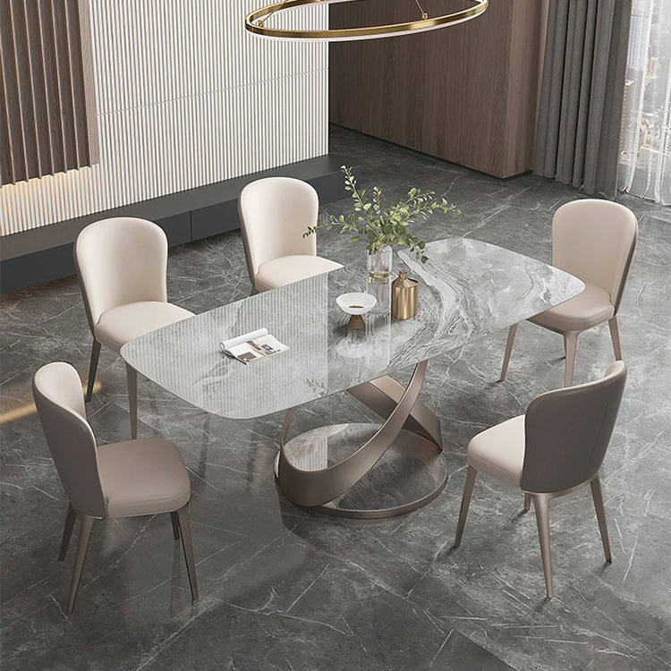 Traditional Luxury Dining Table Gray Rectangle Sintered Stone Dining Table with Pedestal Base Clearhalo ' dining_table' 'Dining Tables & Seating' 'Dining Tables' 'furn' 'furn_dining_table' 'Furniture' 'furniture_dining_table' 'Kitchen & Dining Furniture' 'kitchen&dining_furn' 'kitchen' 'kitchen_dining_table' 4159248