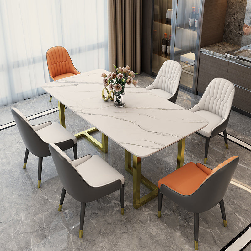 Rectangle Traditional Luxury Dining Table White Sintered Stone Table with Gold Double Pedestal Clearhalo ' dining_table' 'Dining Tables & Seating' 'Dining Tables' 'furn' 'furn_dining_table' 'Furniture' 'furniture_dining_table' 'Kitchen & Dining Furniture' 'kitchen&dining_furn' 'kitchen' 'kitchen_dining_table' 4159263
