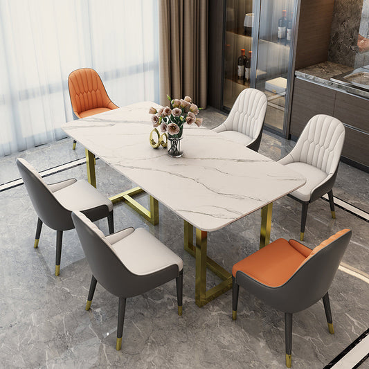 Rectangle Traditional Luxury Dining Table White Sintered Stone Table with Gold Double Pedestal