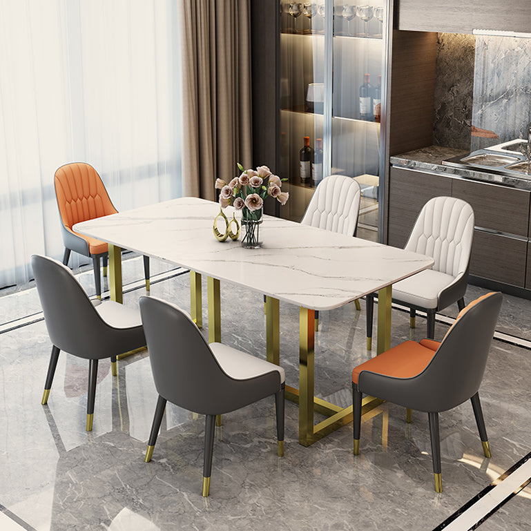 Rectangle Traditional Luxury Dining Table White Sintered Stone Table with Gold Double Pedestal Clearhalo ' dining_table' 'Dining Tables & Seating' 'Dining Tables' 'furn' 'furn_dining_table' 'Furniture' 'furniture_dining_table' 'Kitchen & Dining Furniture' 'kitchen&dining_furn' 'kitchen' 'kitchen_dining_table' 4159264