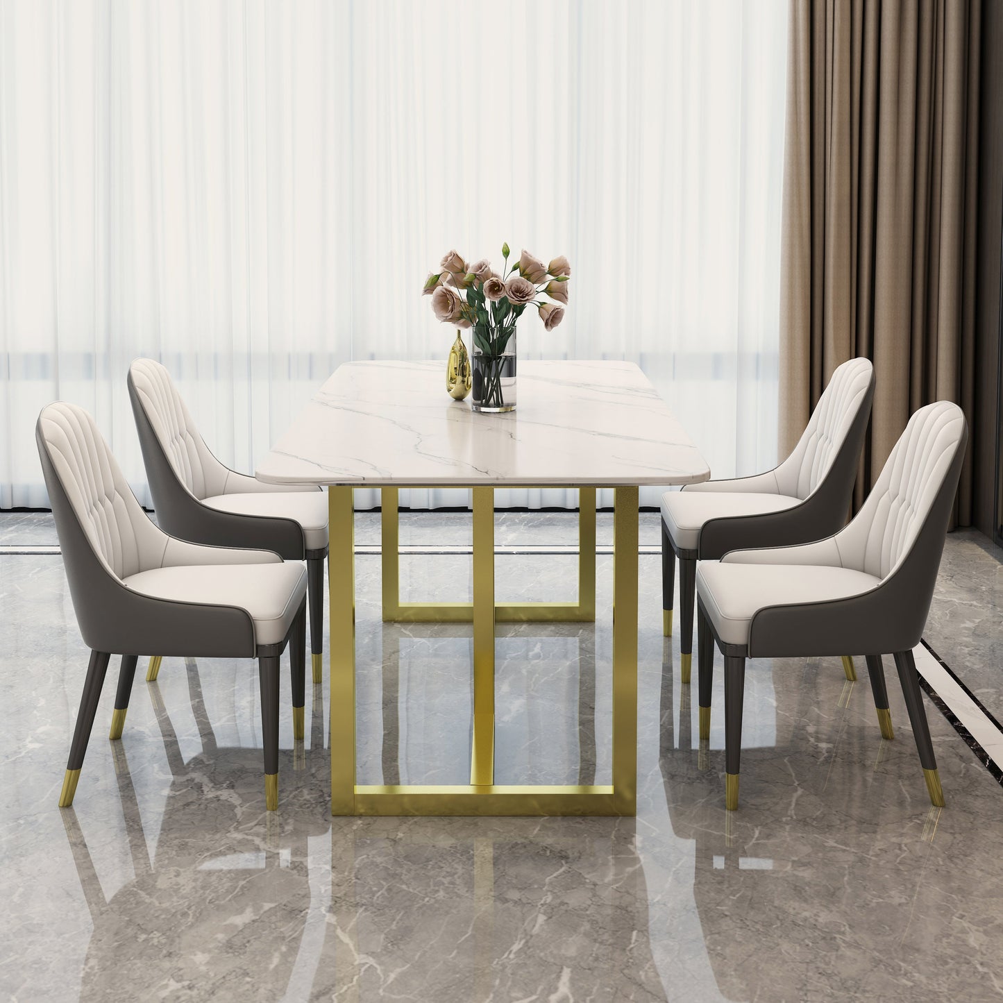 Rectangle Traditional Luxury Dining Table White Sintered Stone Table with Gold Double Pedestal Clearhalo ' dining_table' 'Dining Tables & Seating' 'Dining Tables' 'furn' 'furn_dining_table' 'Furniture' 'furniture_dining_table' 'Kitchen & Dining Furniture' 'kitchen&dining_furn' 'kitchen' 'kitchen_dining_table' 4159266